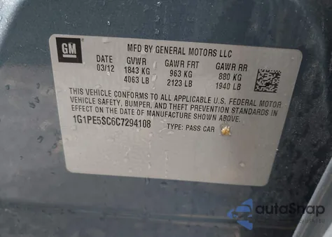 2012 Chevrolet Cruze Lt z USA, uszkodzony, nr VIN 1G1PE5SC6C7294108